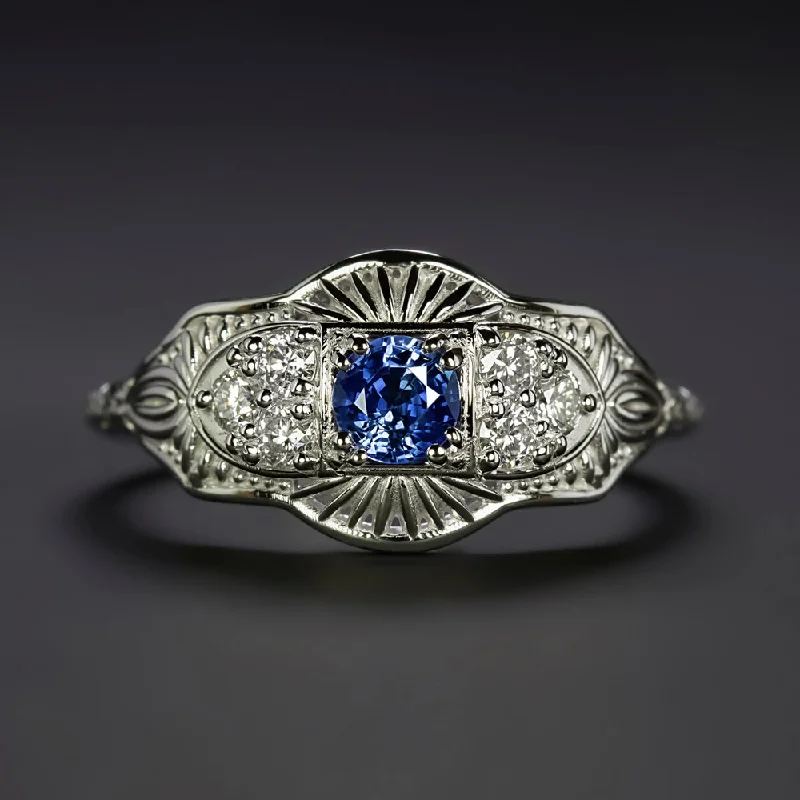 vintage inspired diamond engagement rings -SAPPHIRE DIAMOND RING VINTAGE STYLE COCKTAIL FILIGREE 14k WHITE GOLD NATURAL