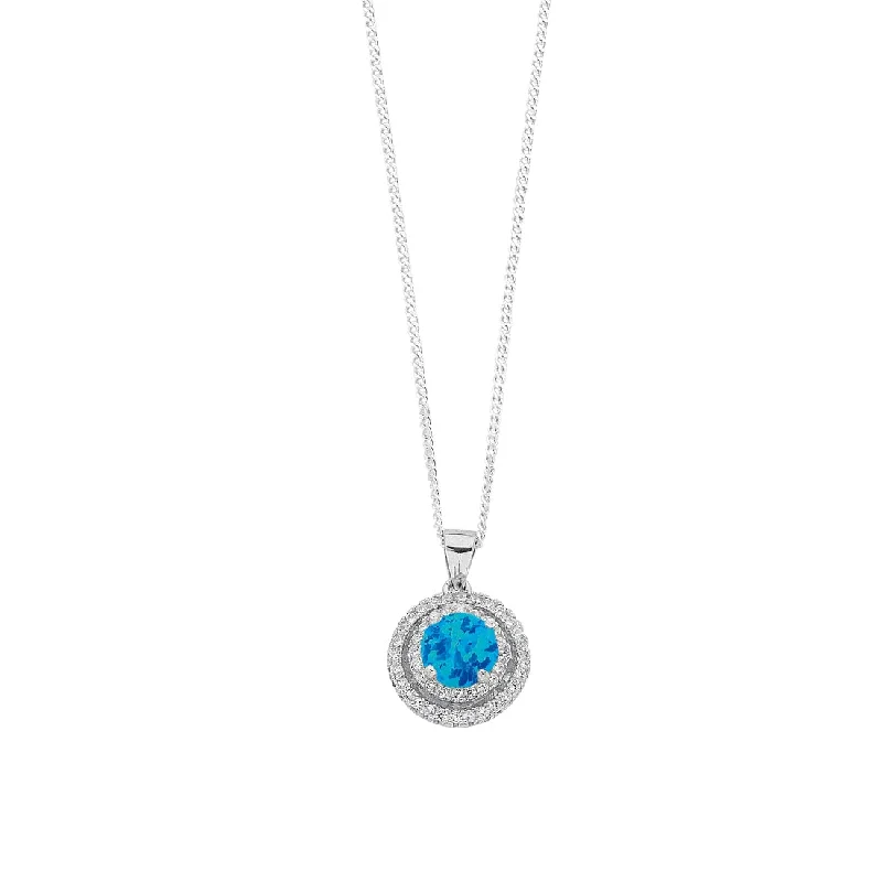 trendy gold necklaces for women -December Birthstone Sterling Silver Synthetic Blue Opal & Cubic Zirconia Halo Necklace