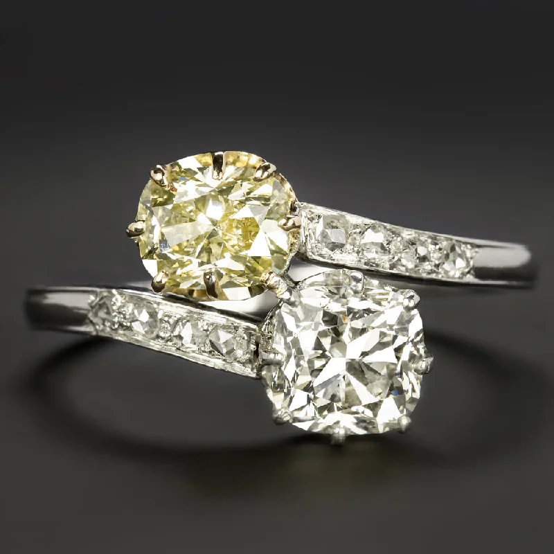 white gold engagement rings -2ct VINTAGE TOI ET MOI DIAMOND RING GIA CERTIFIED FANCY YELLOW CUSHION PLATINUM