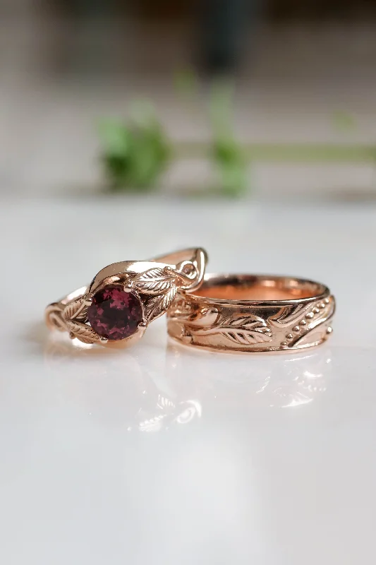 vintage-inspired engagement rings -Wedding rings set for couple: nature themed band for him, leaves band with pink tourmaline for her