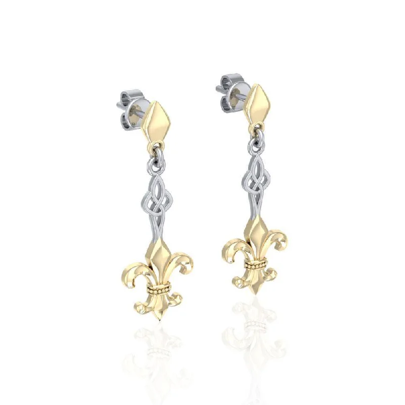 pearl earrings for women -Majestic Fleur-de-Lis in Sterling Silver Jewelry Post Earrings with Gold accent MER1677