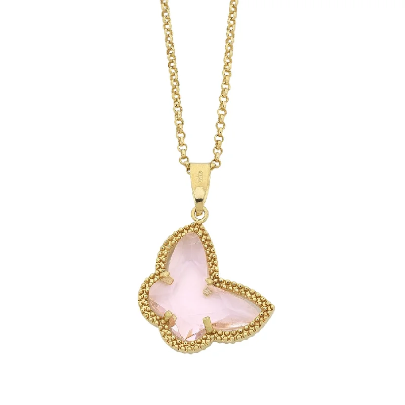 symbolic necklaces for women -9ct Yellow Gold Silver Infused Milgrain Pink Butterfly Necklace