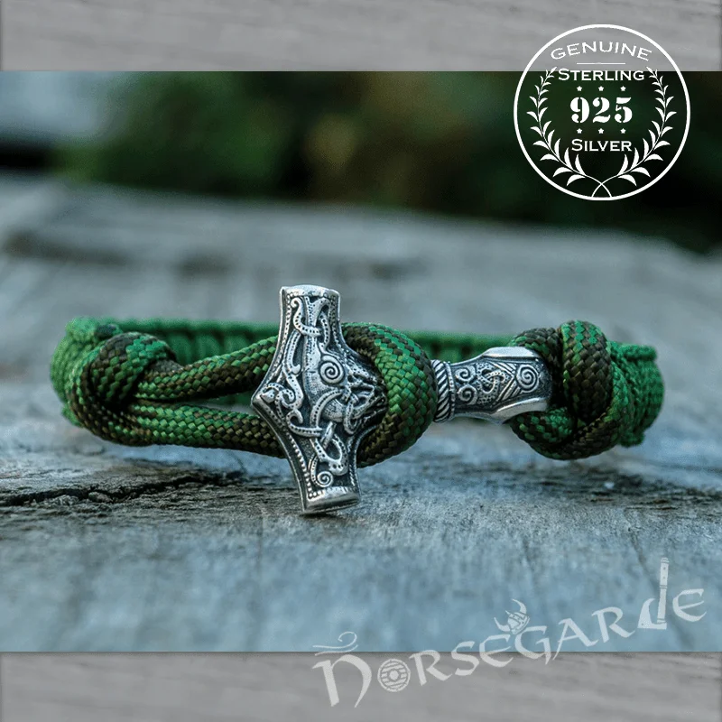 trendy cuff bracelets for women -Handcrafted Forest Paracord Bracelet with Mjölnir - Sterling Silver