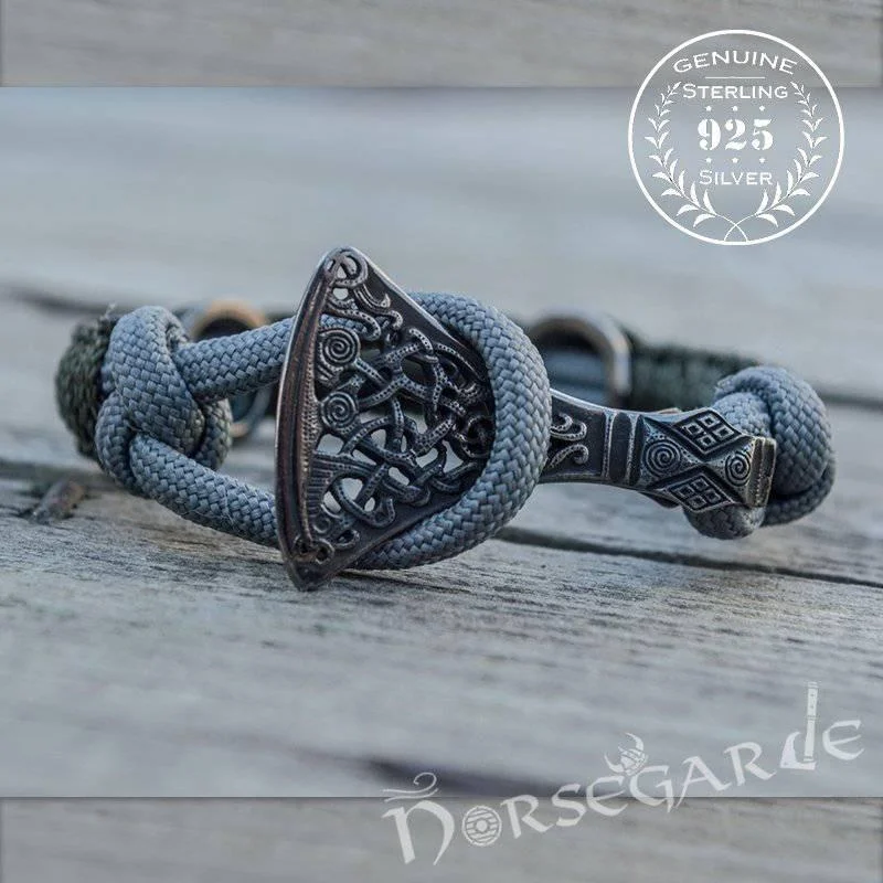 gemstone charm bracelets -Handcrafted Olive Paracord Bracelet with Axe Head and Rune - Ruthenium Plated Sterling Silver