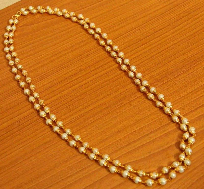 layered necklaces for women -Pearl Gold Look Double Line Necklace