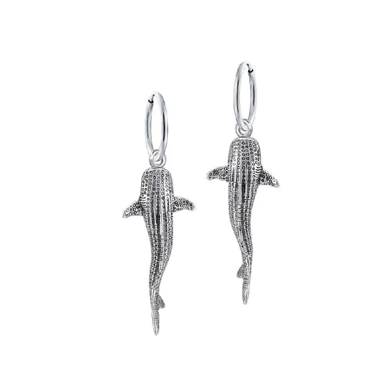 trendy gold earrings for women -Small Whale Shark Silver Hoop Earrings TER1799