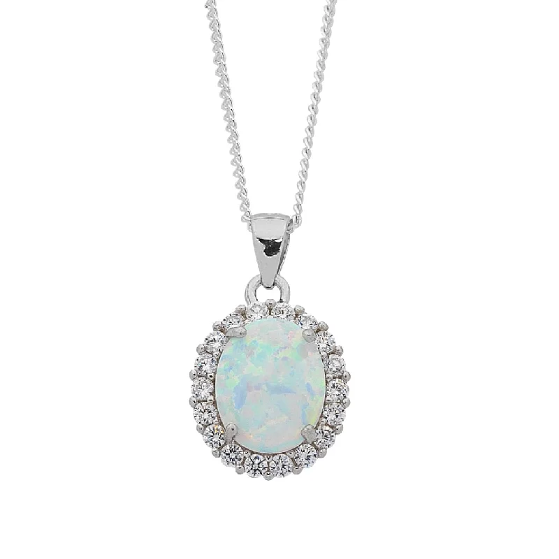 celestial necklaces for women -October Birthstone Sterling Silver Oval Synthetic Opal and Cubic Zirconia Necklace