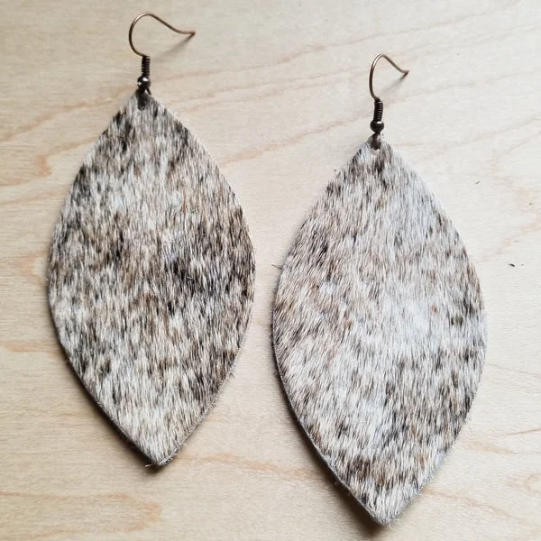 women’s trendy drop earrings -Leather Oval Earring-Tan, Brown, White Hair on Hide