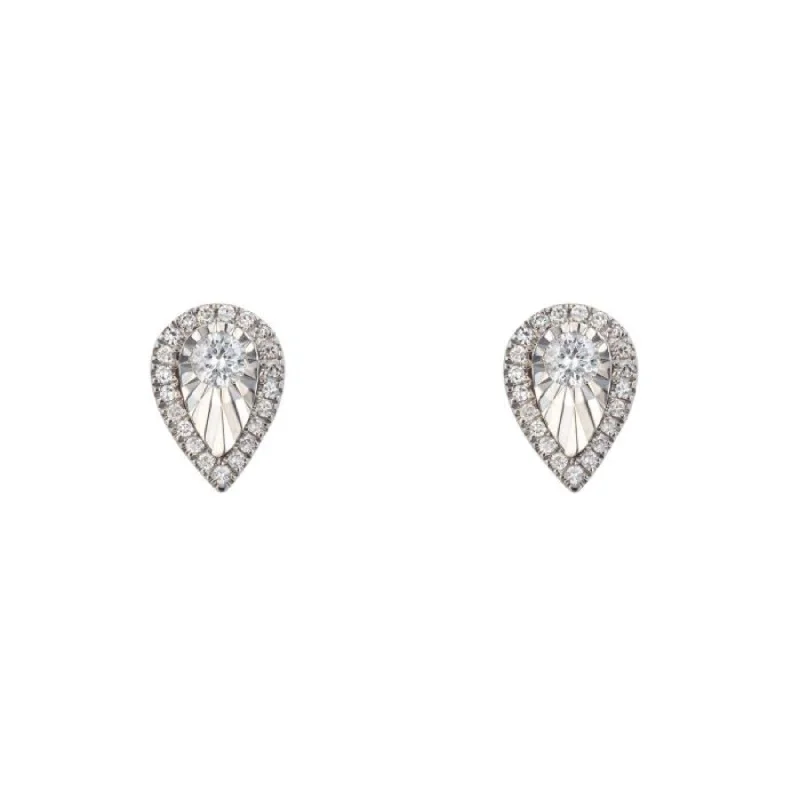 silver stud earrings for women -Diamond Cut Teardrop Stud Earrings with Diamond- 9ct Gold