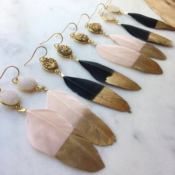 pearl earrings for women -Gold Dipped Feather Earrings