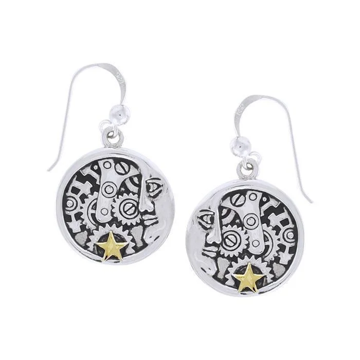 matching earrings for women -Moon Face Steampunk Silver and Gold Earrings MER1360