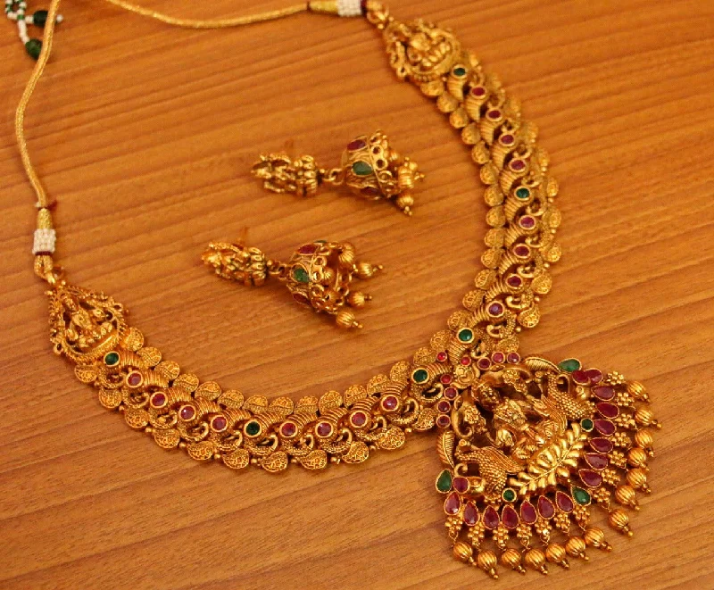 sterling silver necklaces for women -MULTICOLOUR STONE TEMPLE LOOK MATT GOLD NECKLACE SET