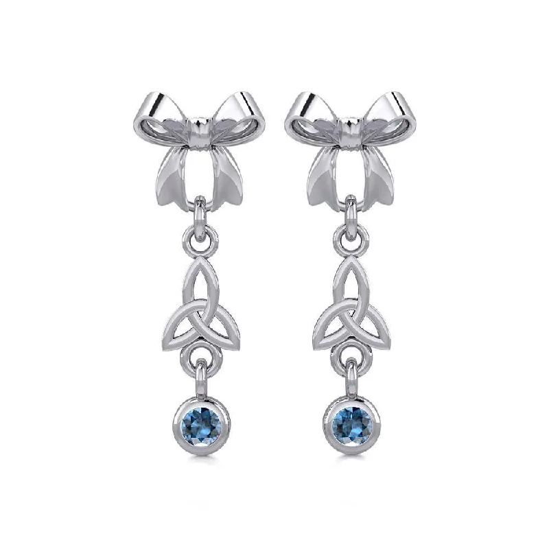 women’s bridal earrings -Ribbon with Dangling Gemstone Trinity Knot Silver Post Earrings TER1856