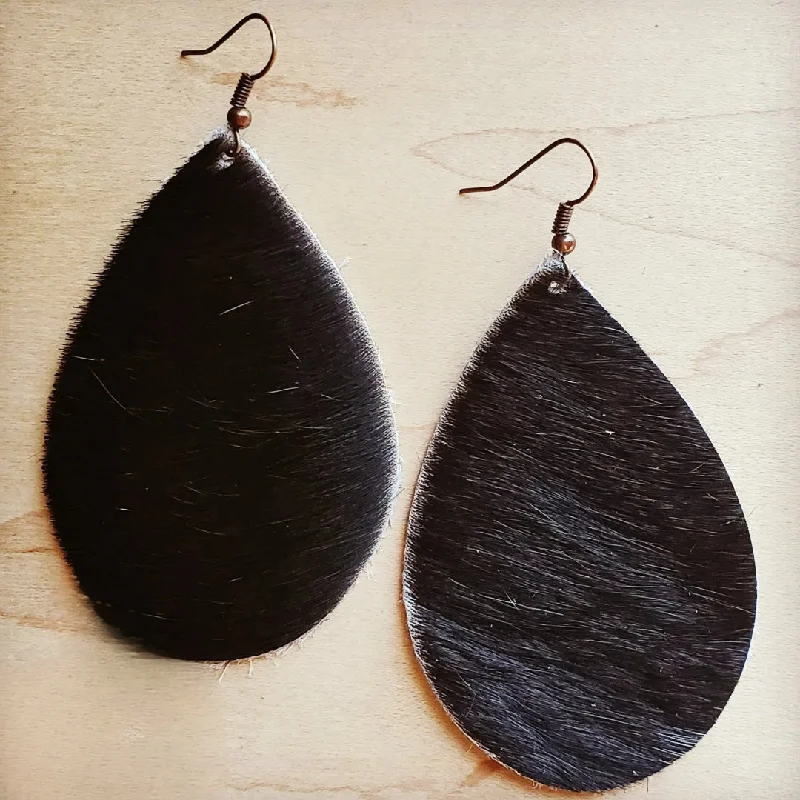 glamorous earrings for women -Leather Teardrop Earring-Dark Hair on Hide