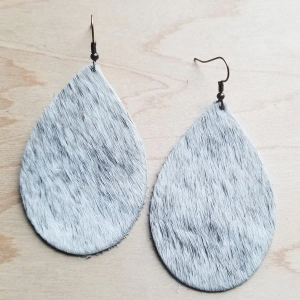 rose gold earrings for women -Leather Teardrop Earring-White & Gray Hair on Hide