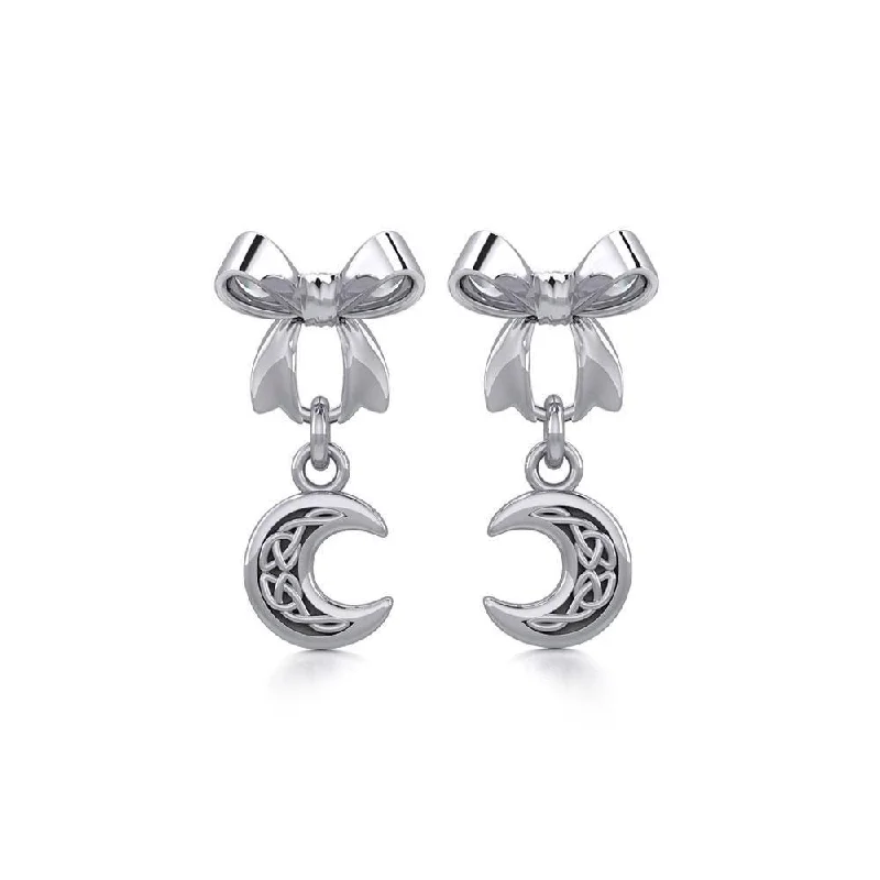 unique earrings for women -Ribbon with Dangling Celtic Crescent Moon Silver Post Earrings TER1865