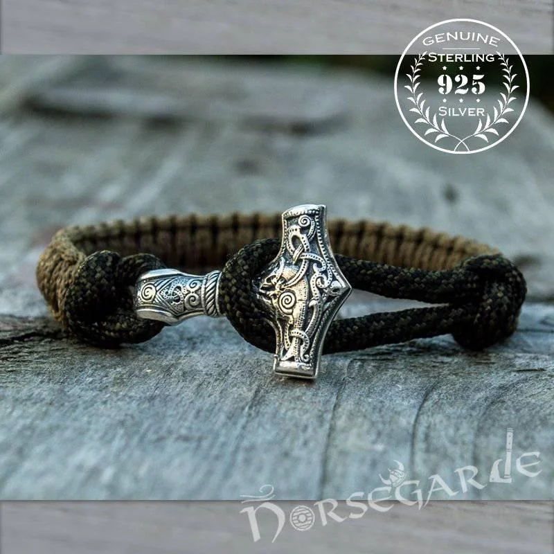 bracelet sets for women -Handcrafted Coffee Paracord Bracelet with Mjölnir - Sterling Silver