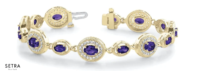 statement bracelets for women -Total 4.65ct Oval Cut Natural Genuine Amethyst & Diamonds Bracelet In 14k Gold