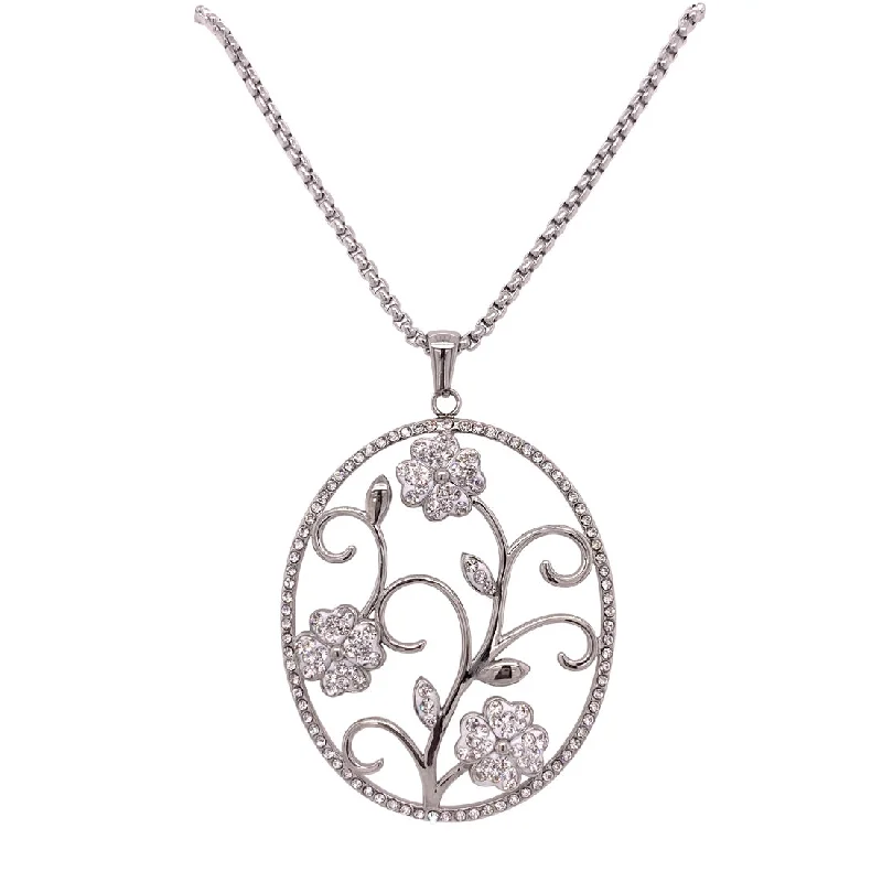 charm necklaces for women -Stainless Steel Pave Crystal Vine & Flowers Necklace