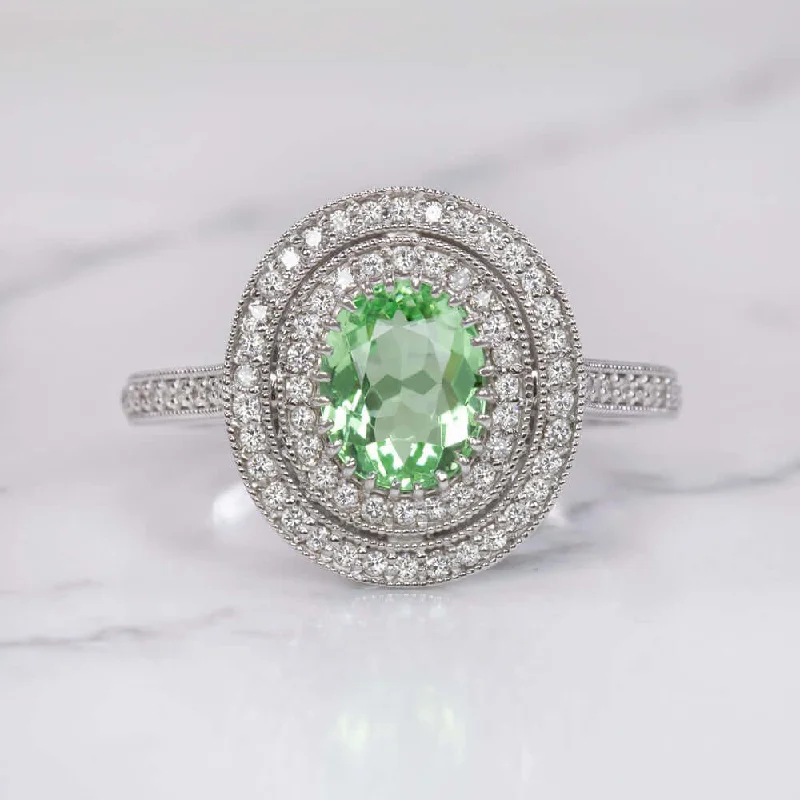 engagement rings with colored diamonds -1.21ct GREEN PARAIBA TOURMALINE DIAMOND RING VINTAGE STYLE HALO WHITE GOLD 1.5