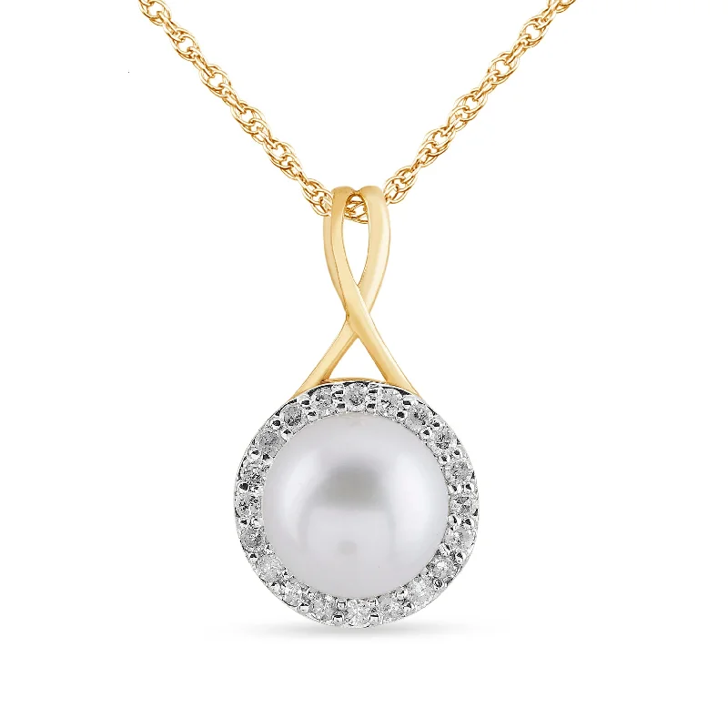 gemstone pendant necklaces for women -Freshwater Pearl Halo Necklace with 0.10ct of Diamonds in 9ct Yellow Gold