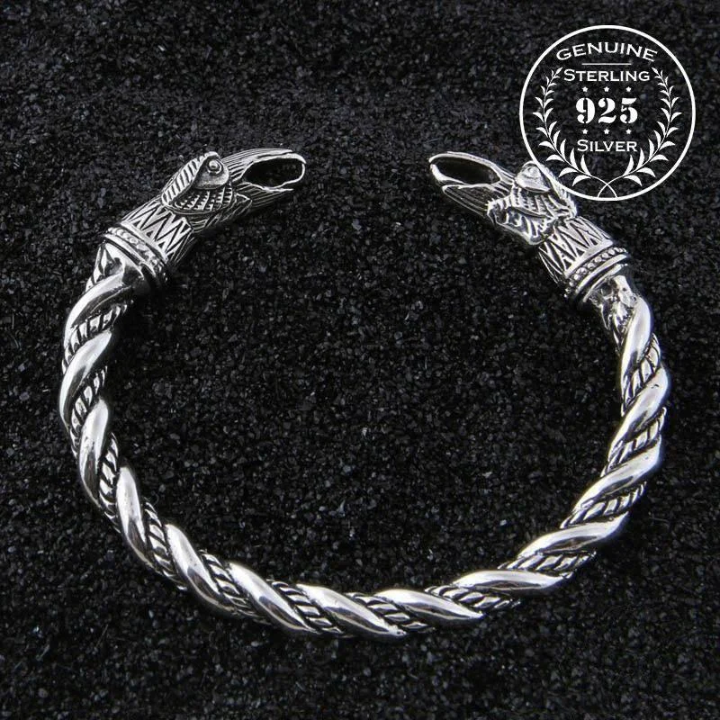 women’s cuff bracelets -Hugin and Munin Raven Torc Bracelet - Sterling Silver