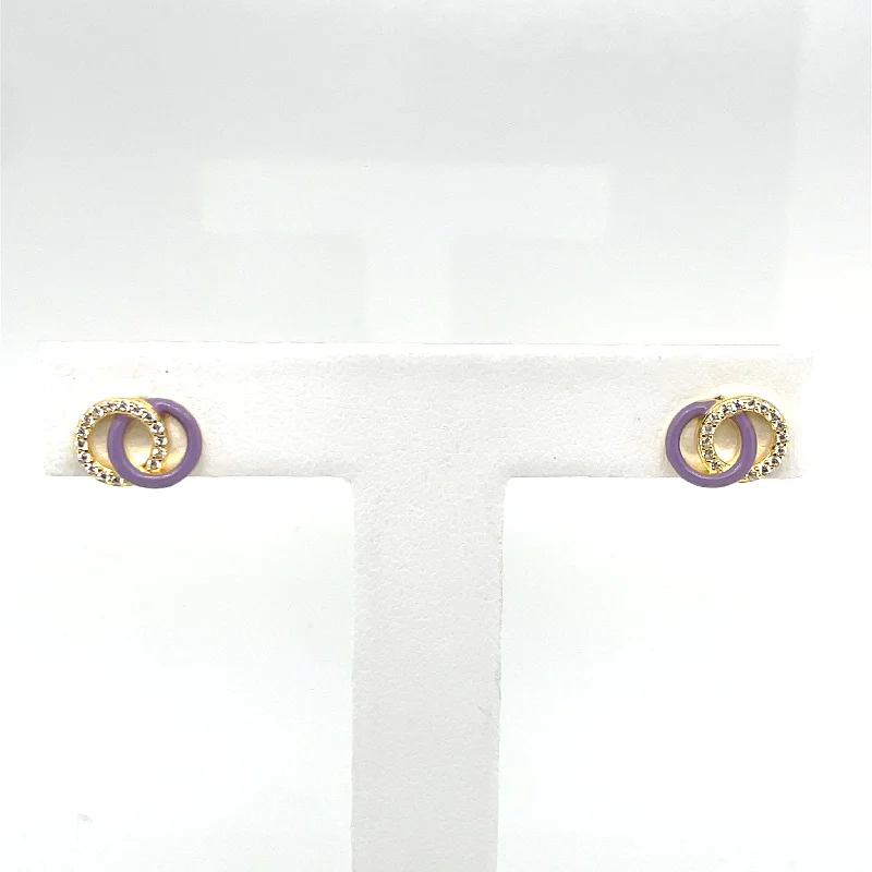 minimalistic earrings for women -SMALTO - Silver 925 Gold Plated & Purple Enamel Stud Earrings