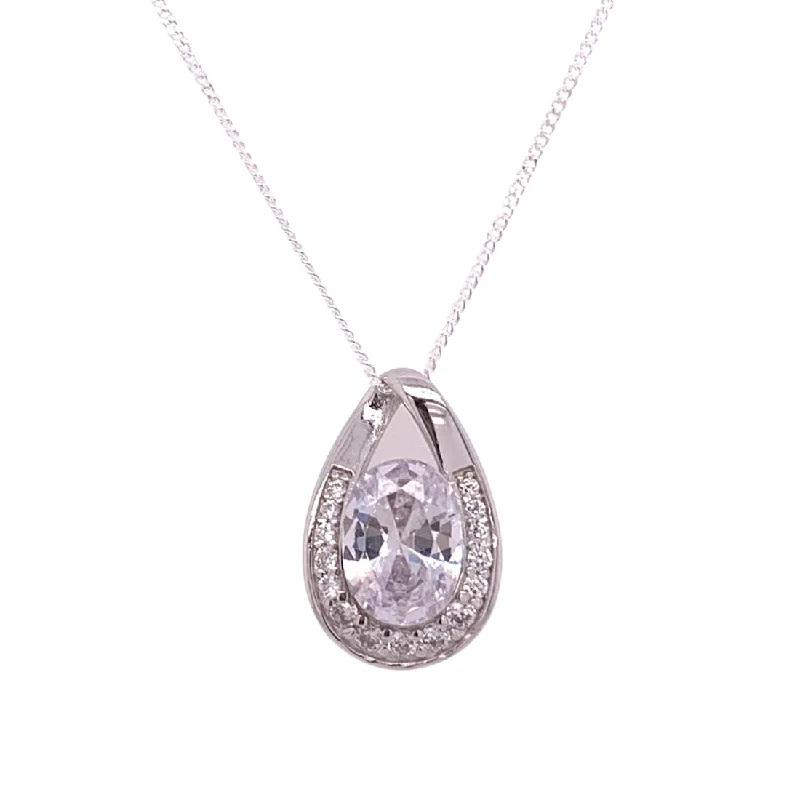 bridal shower necklaces for women -Sterling Silver Cubic Zirconia Pear Halo Necklace