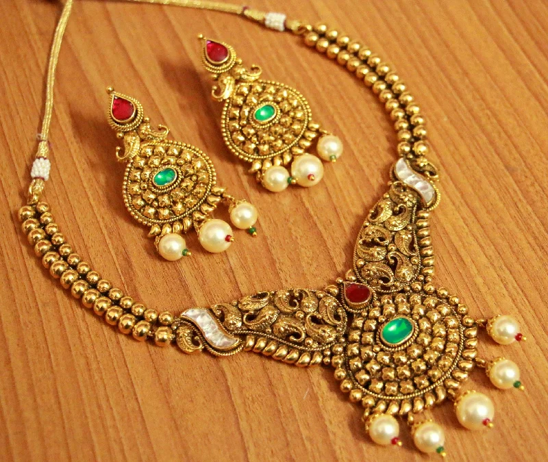 delicate crystal necklaces for women -Multicolour Antique Gold Kundan Look Necklace Set