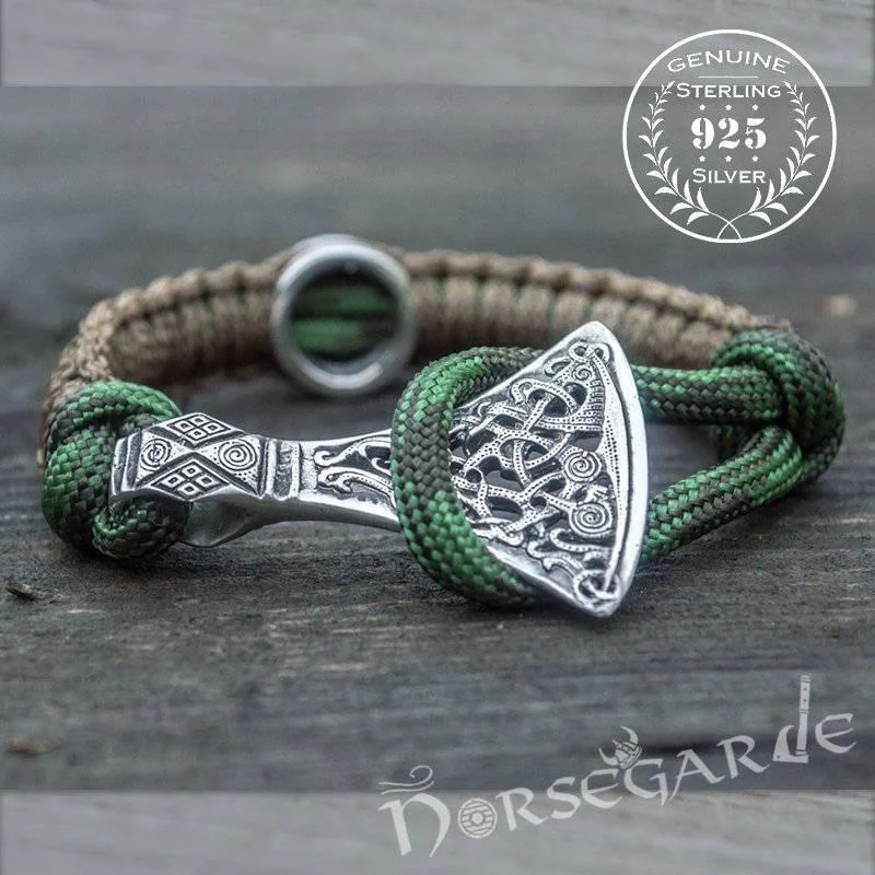 colorful bracelets for women -Handcrafted Forest Paracord Bracelet with Axe Head and Rune - Sterling Silver