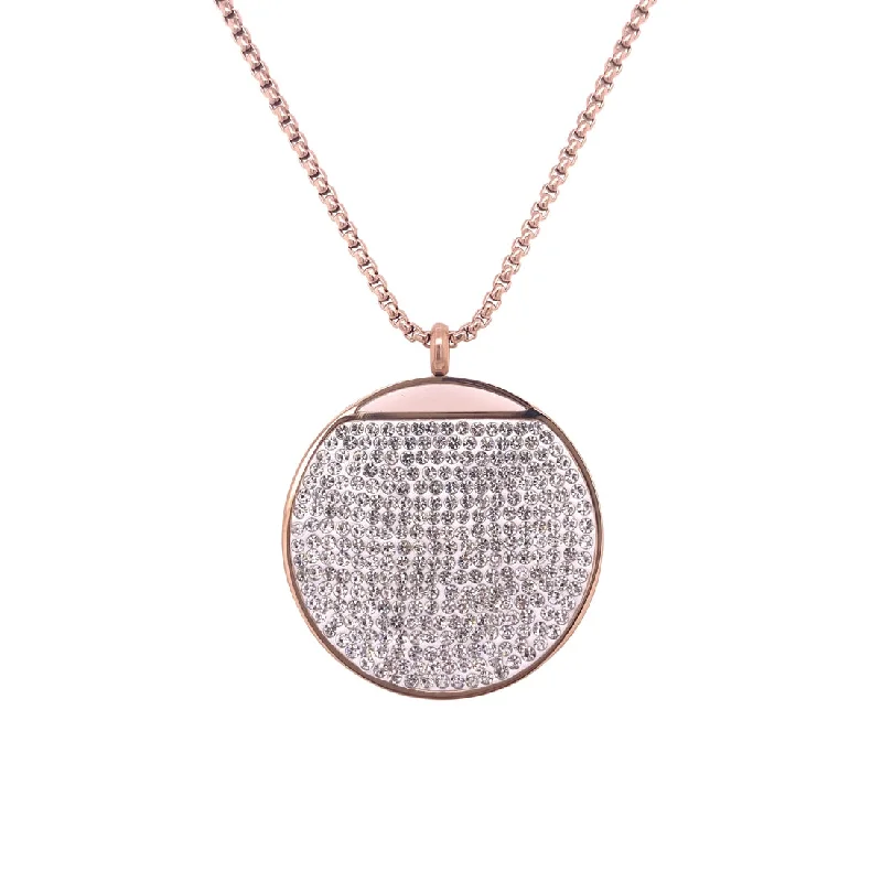 trendy necklaces for women -Rose Stainless Steel Pave Crystal Disc Necklace