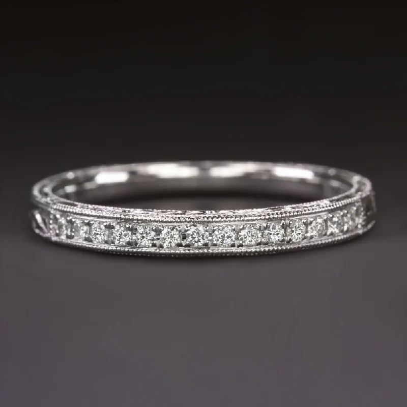 wedding bands and engagement rings for women -VINTAGE STYLE DIAMOND BAND WEDDING RING WHITE GOLD HAND ENGRAVED FLORAL CHANNEL