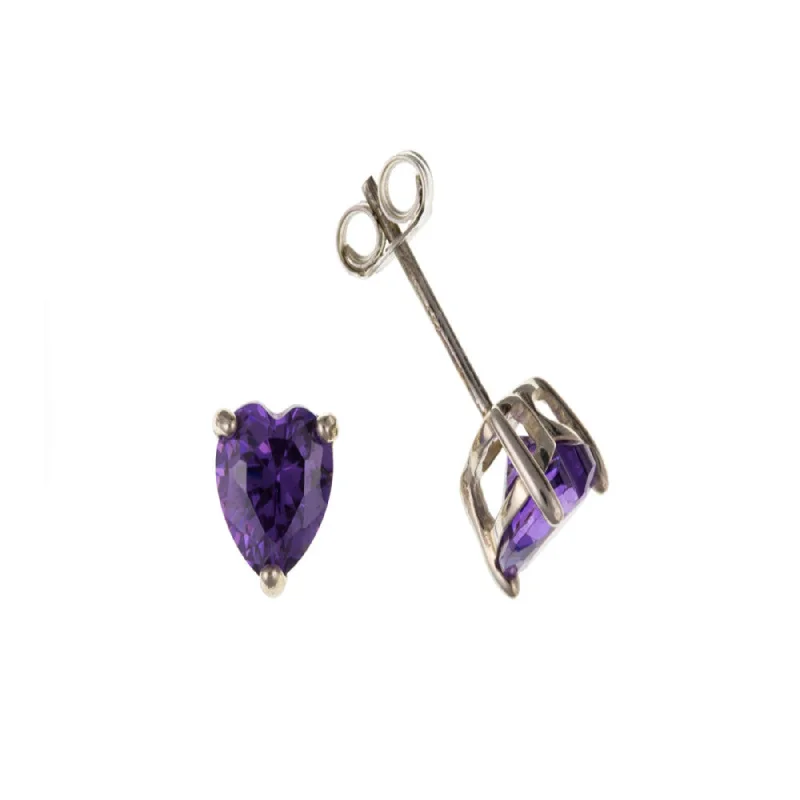 personalized earrings for women -Silver Amethyst CZ Cast Heart Stud Earrings