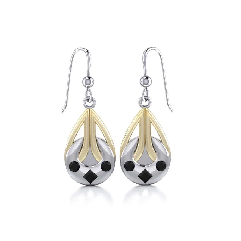 fashion earrings for women -Black Magic Tear Drop Silver & Gold Earrings MER387