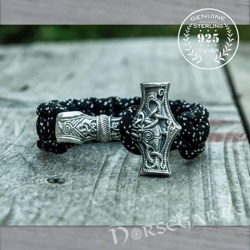 fashion bracelets for women -Handcrafted Polka Paracord Bracelet with Large Mjölnir - Sterling Silver