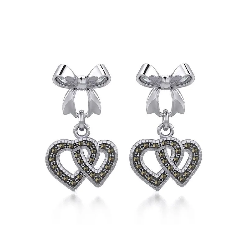 luxury earrings for women -Ribbon with Dangling Marcasite Double Heart Silver Post Earrings TER1862