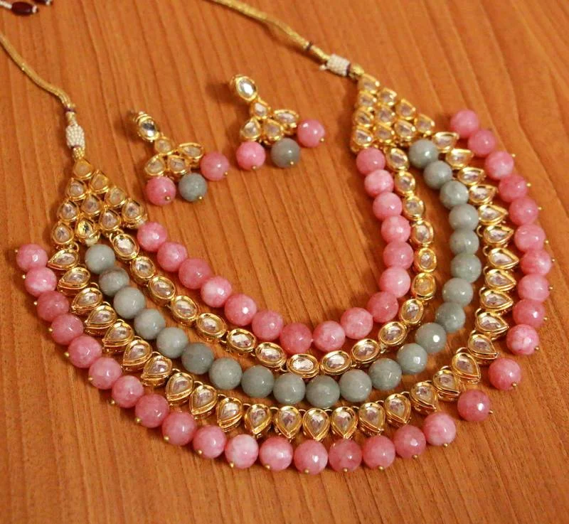 elegant heart-shaped necklaces for women -PINK & GREY ONYX KUNDAN MEENAKARI NECKLACE SET