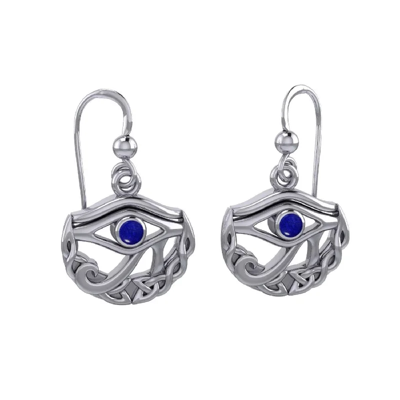 mixed metal earrings for women -Eye of Horus with Celtic Knot Crescent Moon Silver Earrings TER1600