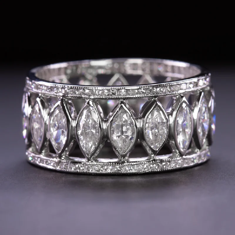 emerald cut engagement rings for women -4ct VINTAGE OLD CUT MARQUISE DIAMOND ETERNITY RING WIDE PLATINUM BAND ART DECO