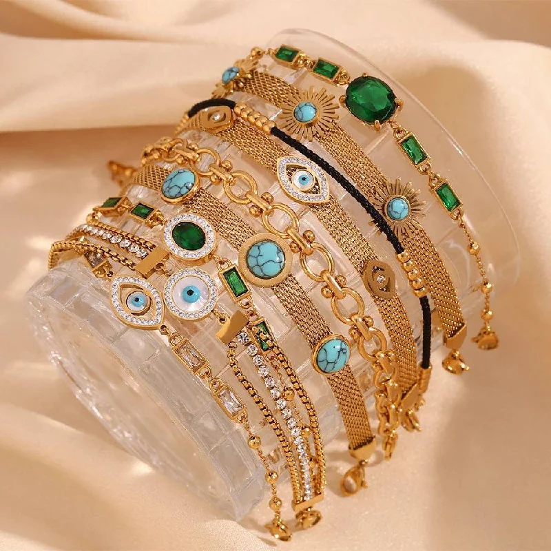 high-quality bangles for women -18K Gold Plated Stainless Steel Evil Eye Rhinestone Charm Bracelet Collection