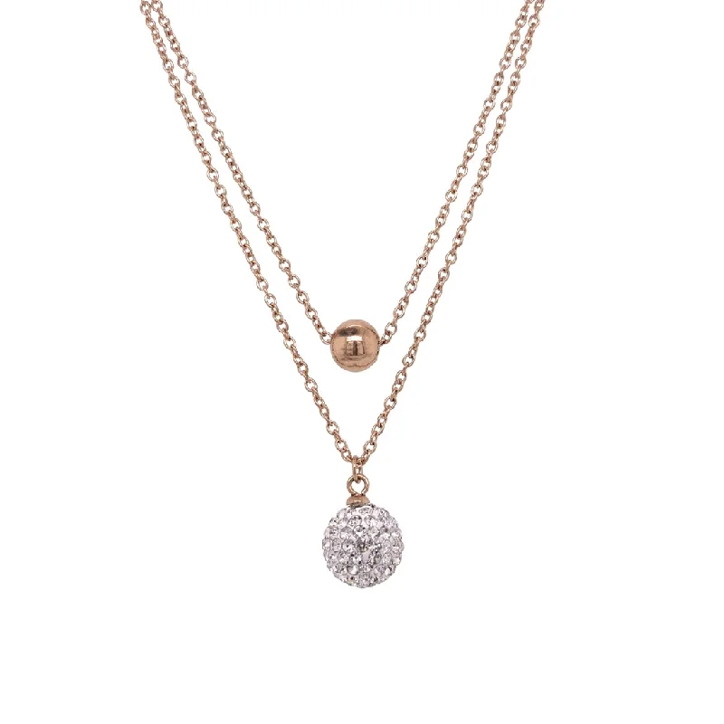 fashion necklaces for women -Rose Stainless Steel Crystal Ball Double Necklace