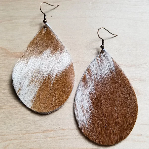 luxury crystal earrings for women -Leather Teardrop Earring-Tan & White Hair-On-Hide