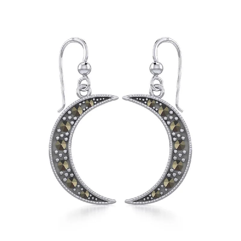 heart-shaped earrings for women -Crescent Moon Sterling Silver Earrings with Marcasite TER1906