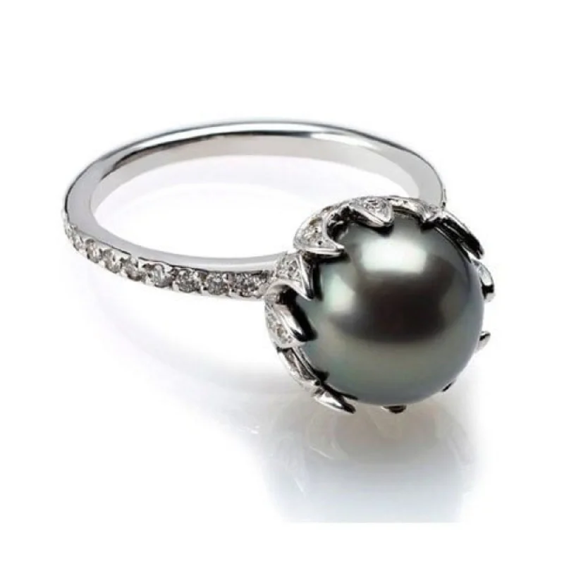 custom-made engagement rings -Black Tahitian Pearl Diamond Ring