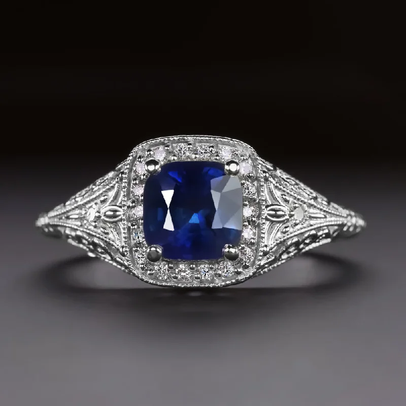 high-end engagement rings -VINTAGE STYLE SAPPHIRE DIAMOND RING CUSHION SHAPE HALO 14k WHITE GOLD HALO BLUE