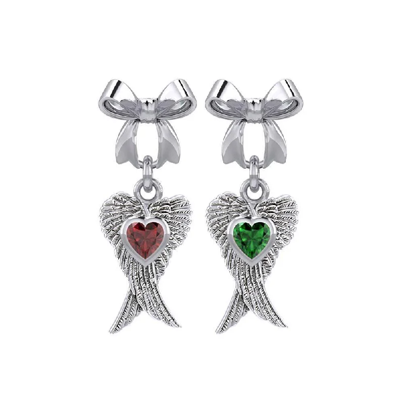 drop earrings for women -Ribbon with Dangling Double Angel Gemstone Wings Silver Post Earrings TER1866