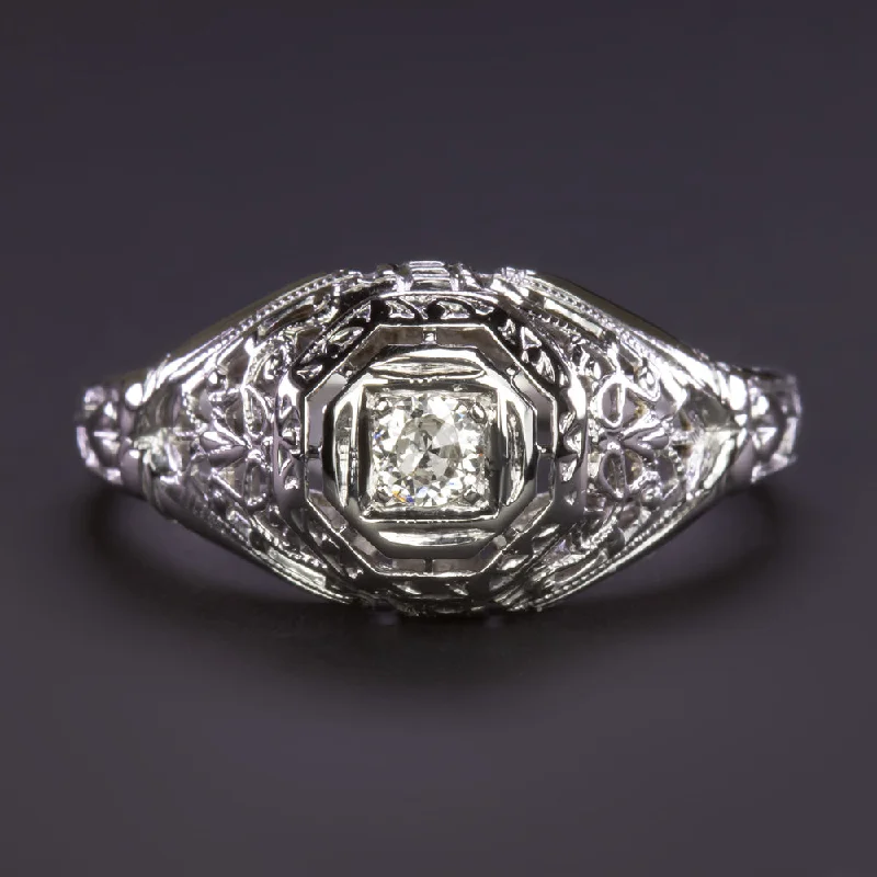 elegant princess cut engagement rings -ART DECO DIAMOND RING 18k WHITE GOLD FILIGREE DOME OLD CUT NATURAL PROMISE RING