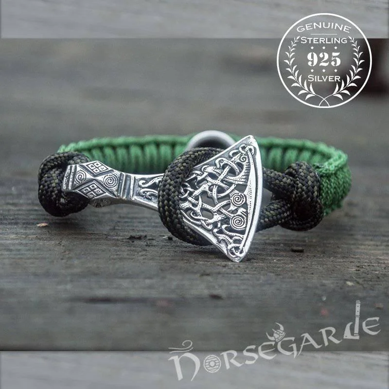 modern bangles for women -Handcrafted Meadow Paracord Bracelet with Axe Head and Rune - Sterling Silver