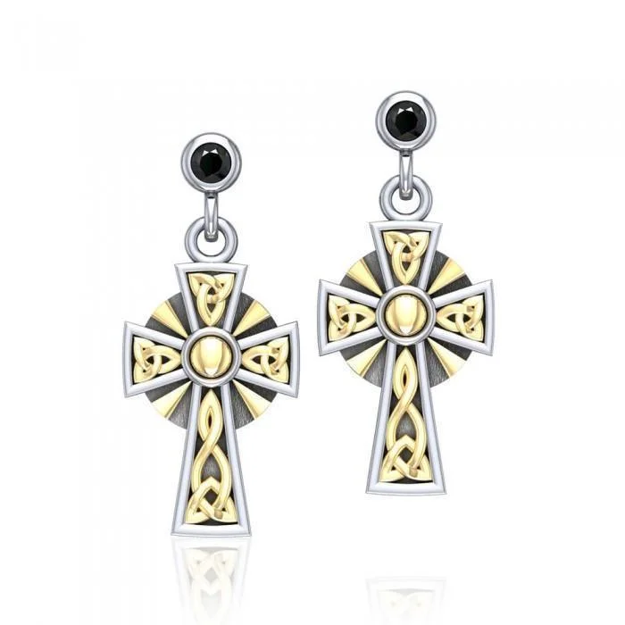 studded earrings for women -Wear your divine style ~ Sterling Silver Jewelry Celtic Cross Earrings with 18k Gold accent MER700