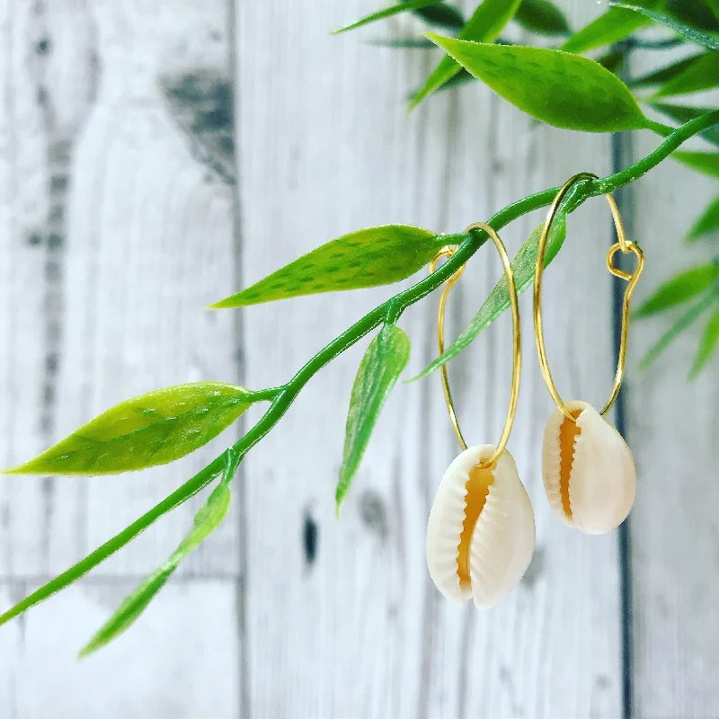 bold earrings for women -Cowrie shells on gold hoop earrings